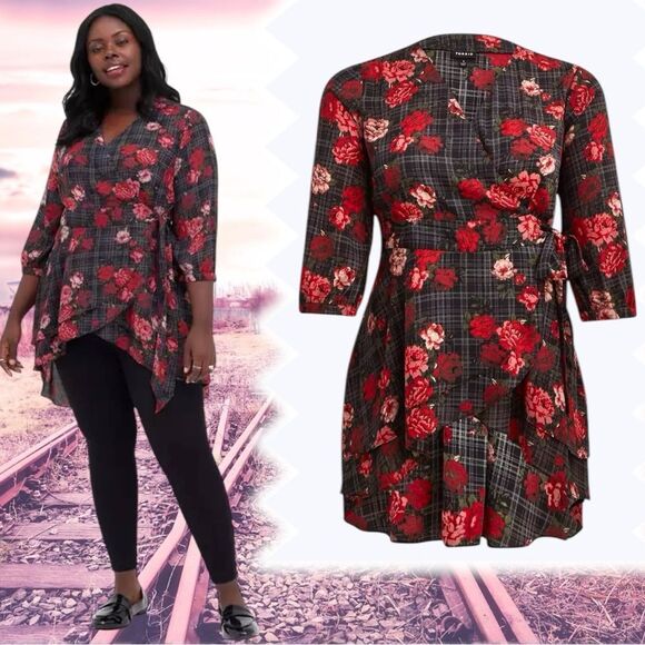 Torrid Black Floral Plaid Georgette Wrap Tunic Blouse Size 2 2XL - Picture 2 of 14